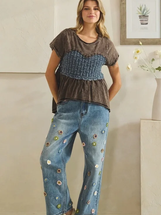 🎉 OLI & HALI “ SUMMER “ OLI AND HALI WASHED SMOCKED PEPLUM TOP 66A - Picture 5 of 6